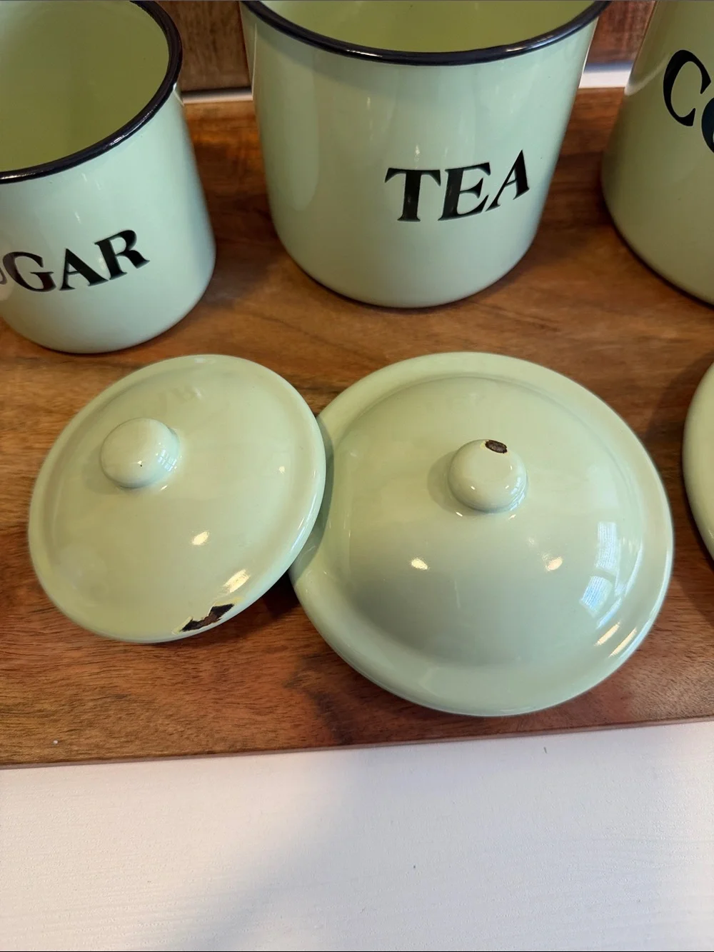Vintage-Style Green Coffee Tea Sugar Enamel Canister Set